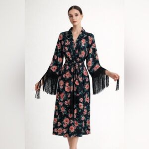 NWT Misa Los Angeles Satin Floral Fringe Robe XS Black Caftan Boho Feminine Chic